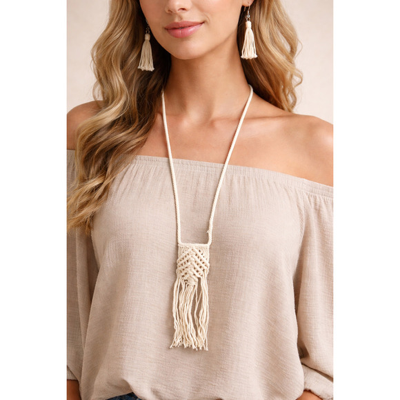 Unbranded Jewelry - Macramé Necklace & Earring Set Boho Fringe Statement Natural Fiber Jewelry
